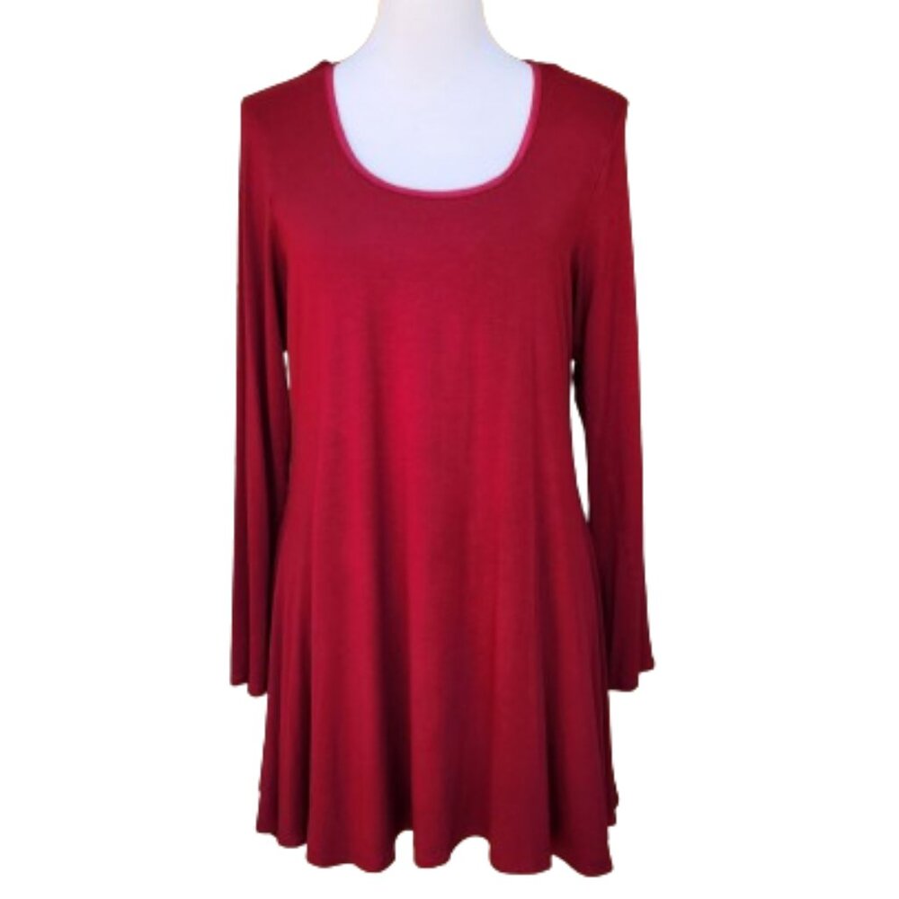 24seven Comfort Apparel Plus Red Top Scoop Neck Satin Trim Long Sleeves